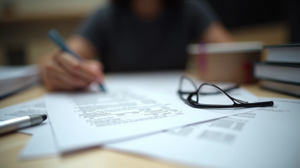 Facturas y recibos educativos en escritorio junto a libros de texto y material escolar