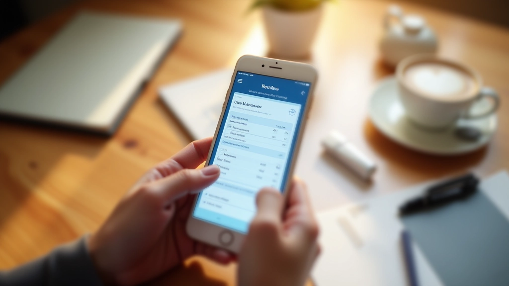 Teléfono inteligente mostrando aplicación móvil de Renta Web en ambiente de escritorio