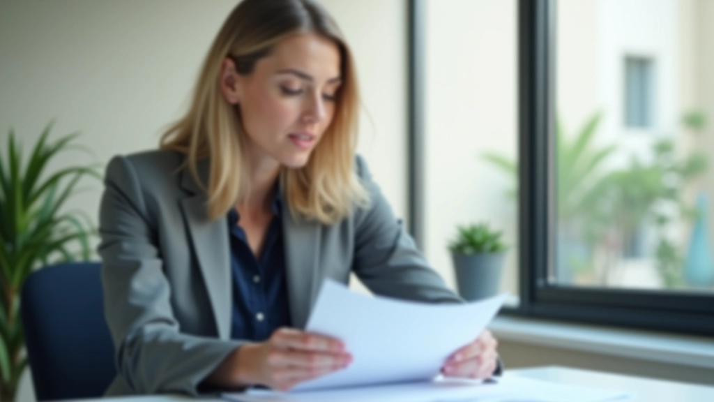 Mujer profesional en oficina moderna revisando documentos fiscales en su escritorio