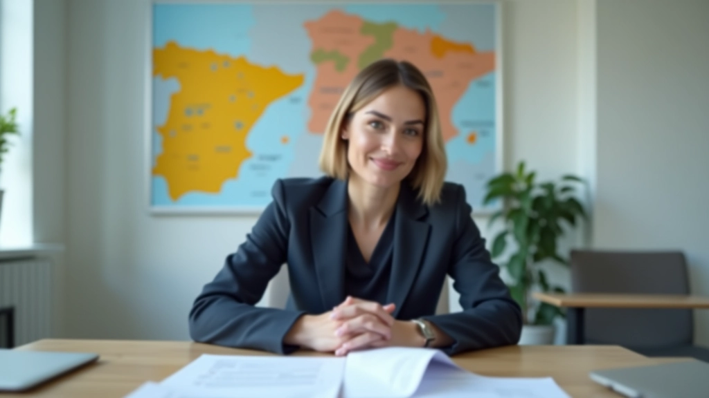 Profesional revisando documentos fiscales regionales en una oficina moderna con mapas de España